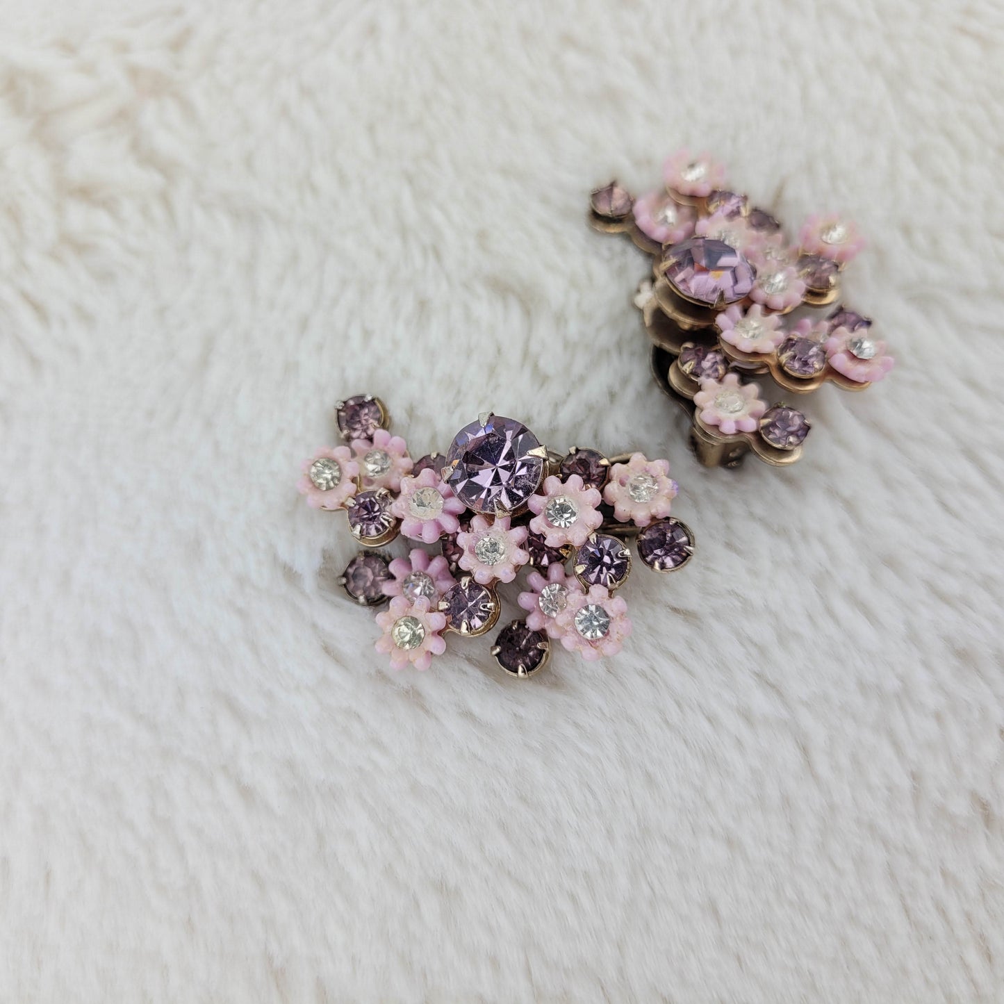 1950's Purple Rhinestone and Pink Flower Clip Earrings by LeRu