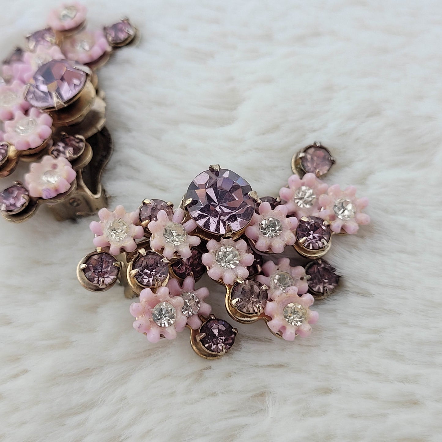 1950's Purple Rhinestone and Pink Flower Clip Earrings by LeRu