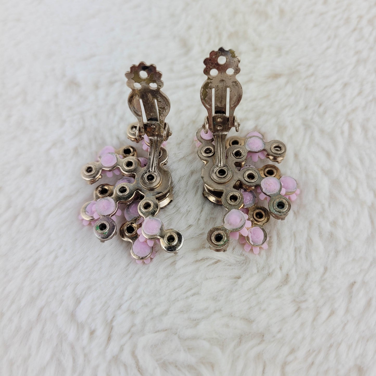 1950's Purple Rhinestone and Pink Flower Clip Earrings by LeRu