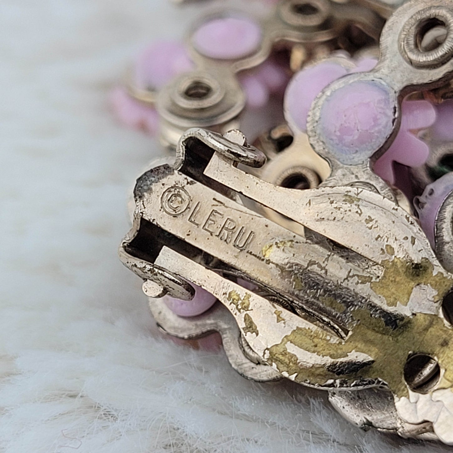 1950's Purple Rhinestone and Pink Flower Clip Earrings by LeRu