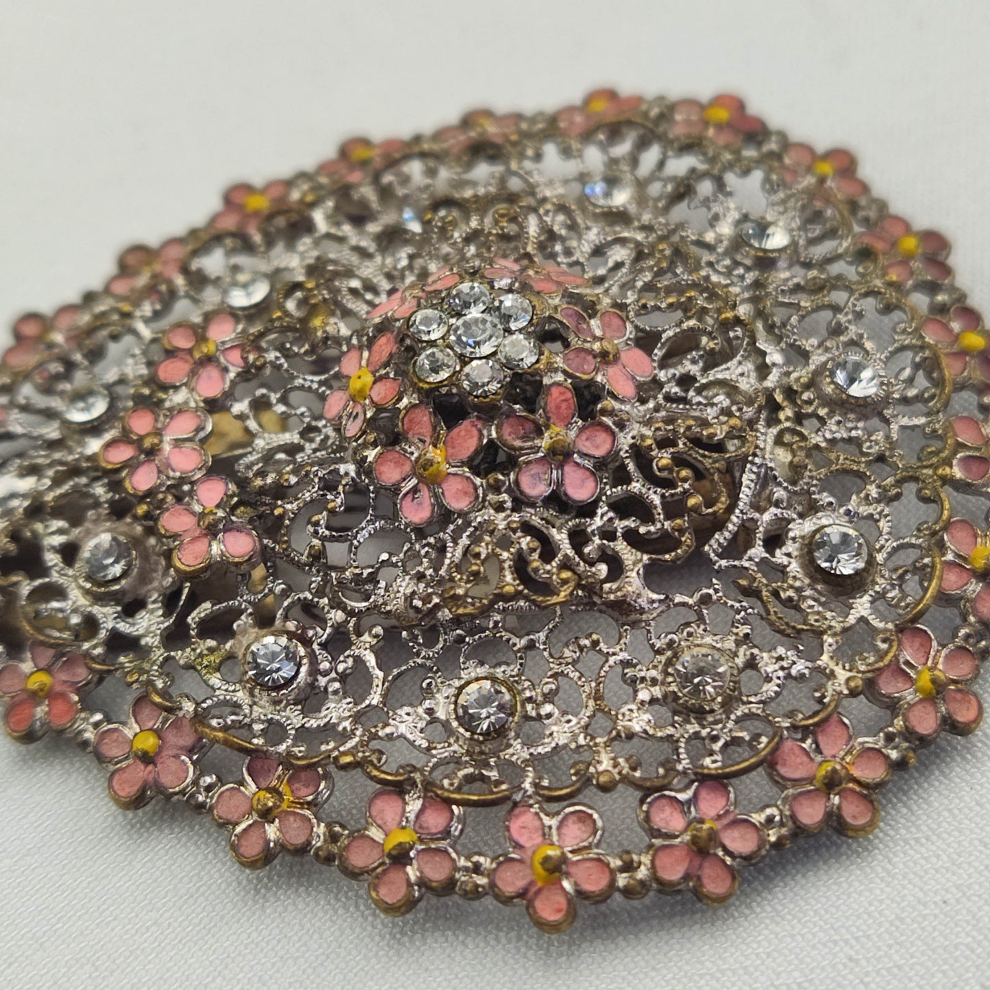 1920's Silver Filigree, Rhinestone and Purple Enamel Flower Fur Clip from Czechoslovakia