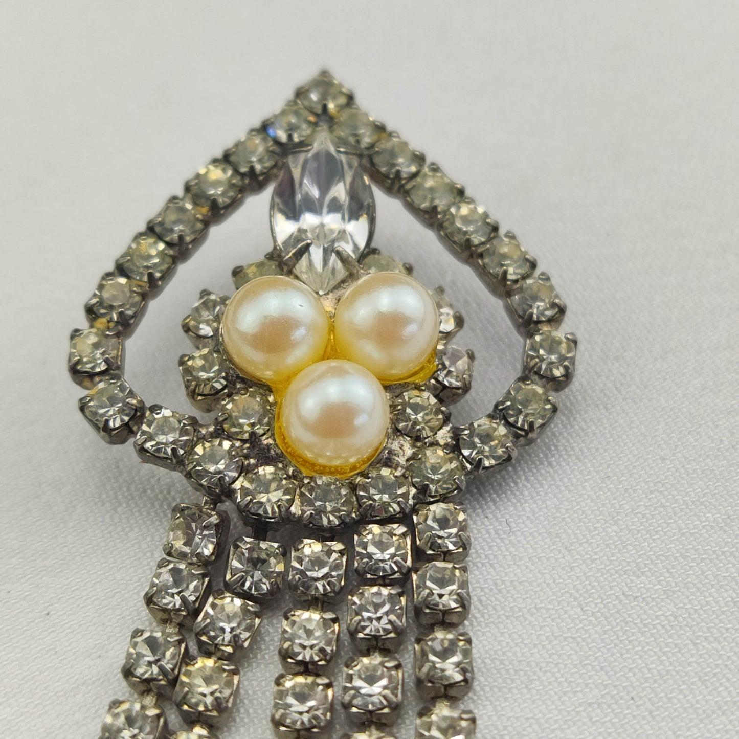 1940's Pearl and Clear Rhinestone Waterfall Dangle Pendant