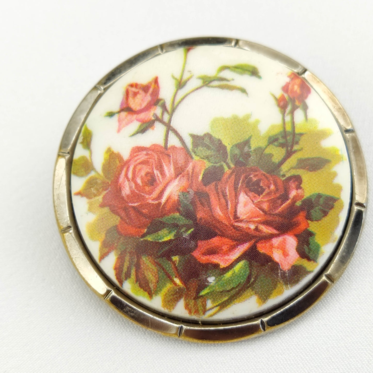 1950's Circular Scarf Pin/Ring with a Painted Rose Scene