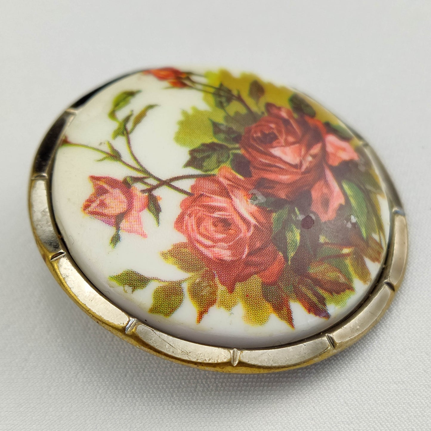 1950's Circular Scarf Pin/Ring with a Painted Rose Scene