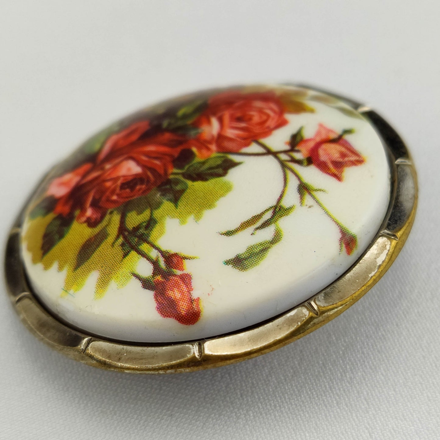 1950's Circular Scarf Pin/Ring with a Painted Rose Scene