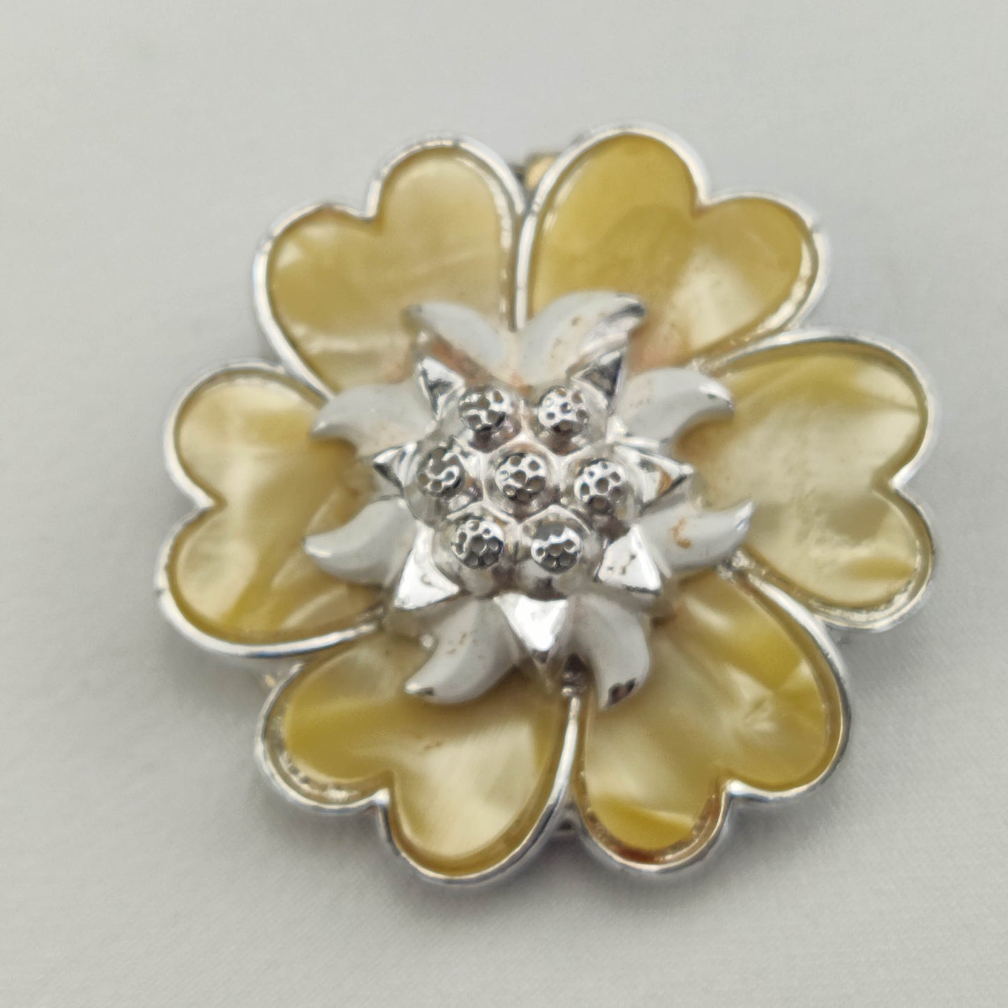 1950's Silver Metal and Yellow Flower Cluster Scarf Ring/Pin from West Germany