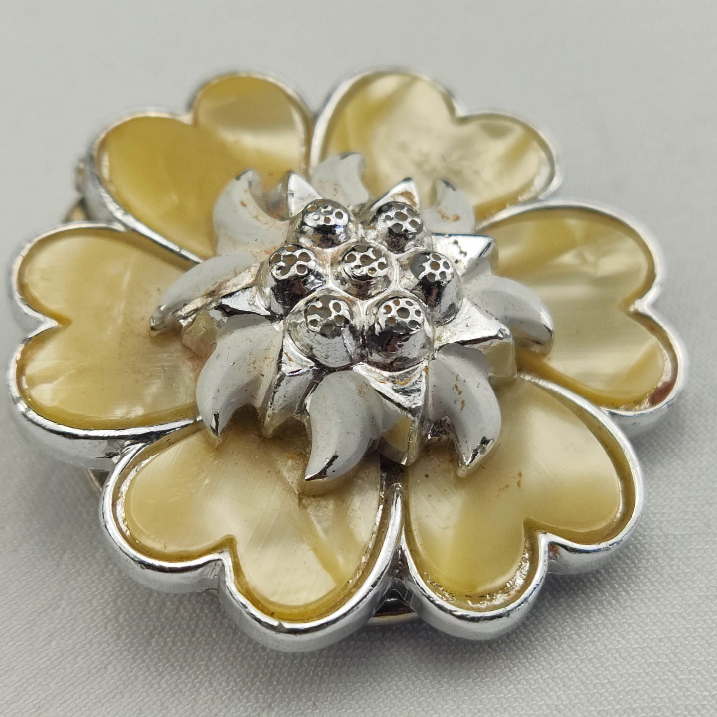 1950's Silver Metal and Yellow Flower Cluster Scarf Ring/Pin from West Germany