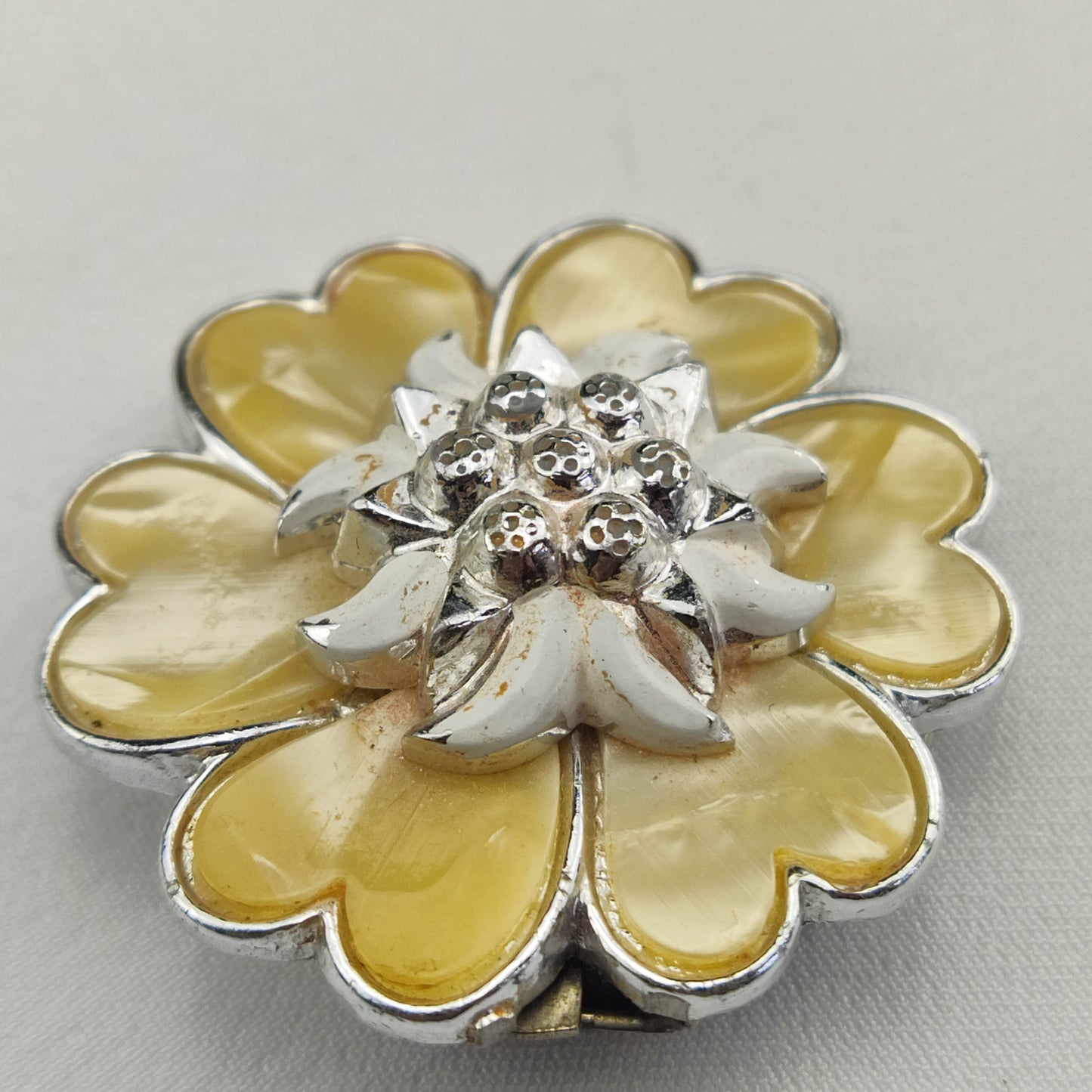 1950's Silver Metal and Yellow Flower Cluster Scarf Ring/Pin from West Germany