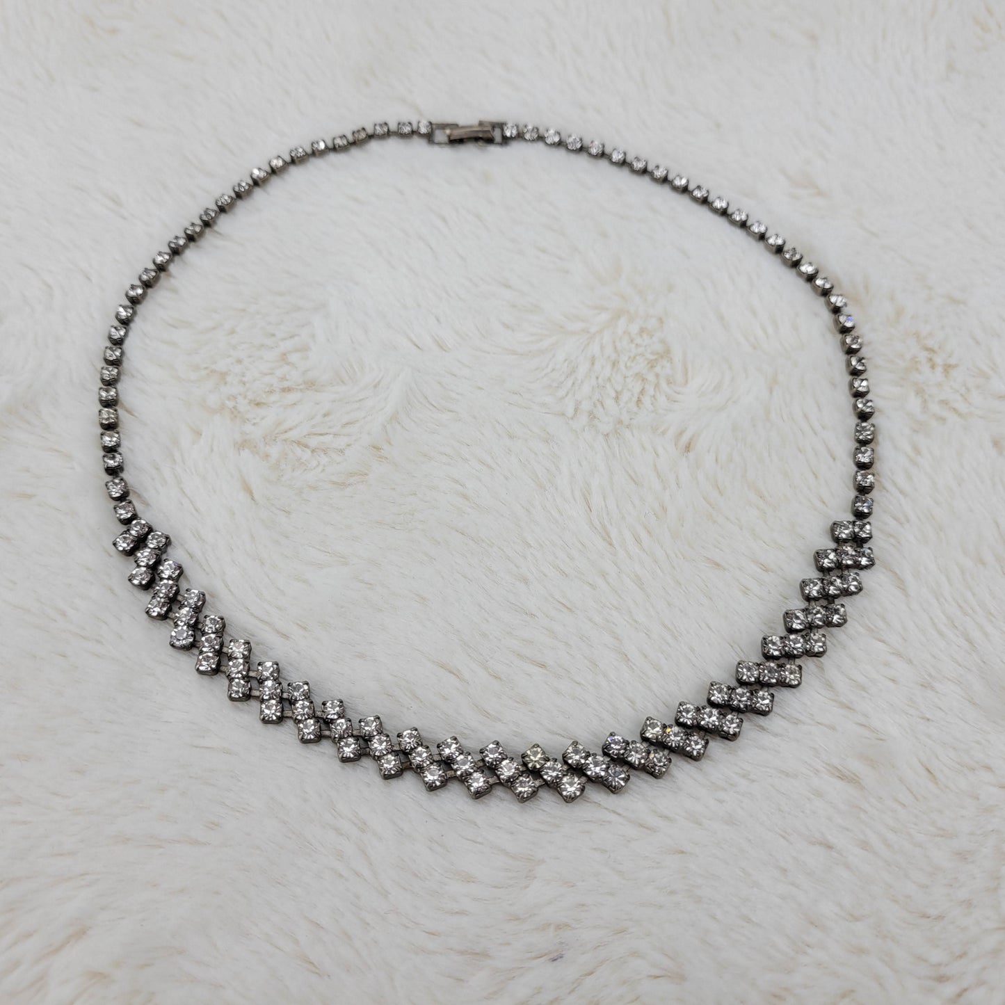 1950's Single to Triple Row Clear Rhinestone on a Dark Metal Necklace