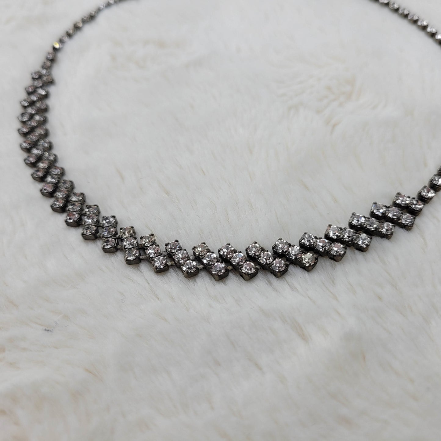 1950's Single to Triple Row Clear Rhinestone on a Dark Metal Necklace