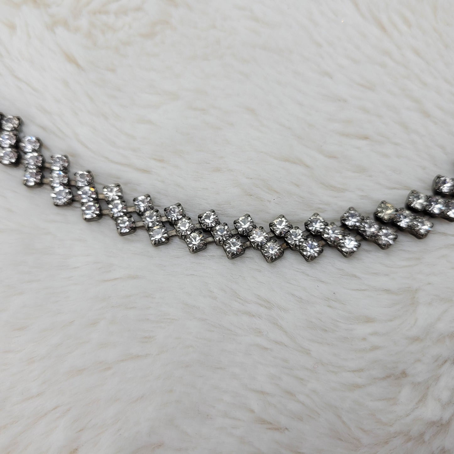 1950's Single to Triple Row Clear Rhinestone on a Dark Metal Necklace