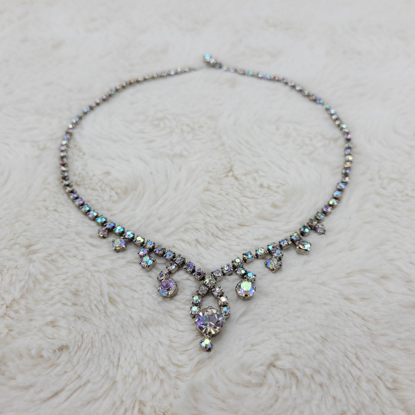 1950's Aurora Borealis Rhinestone Single Strand Necklace with Drops