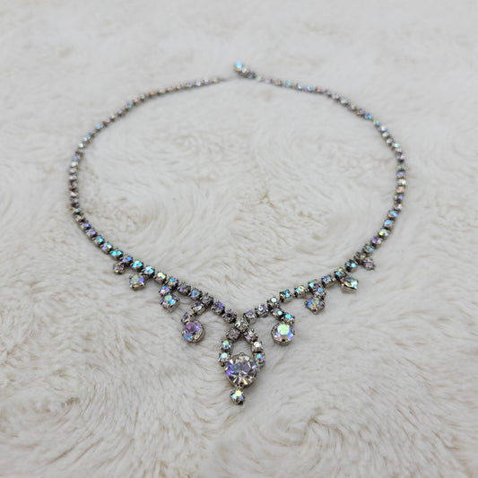 1950's Aurora Borealis Rhinestone Single Strand Necklace with Drops