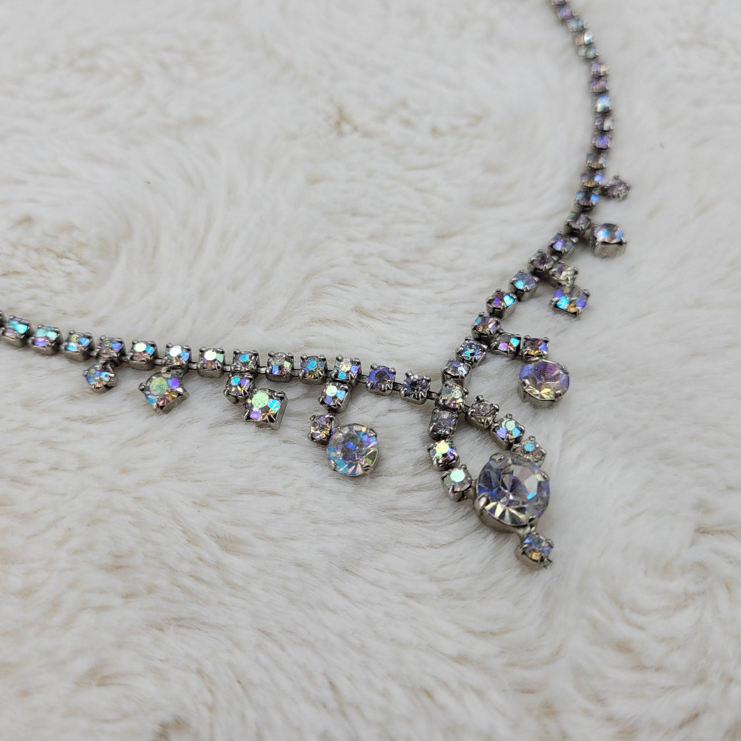 1950's Aurora Borealis Rhinestone Single Strand Necklace with Drops