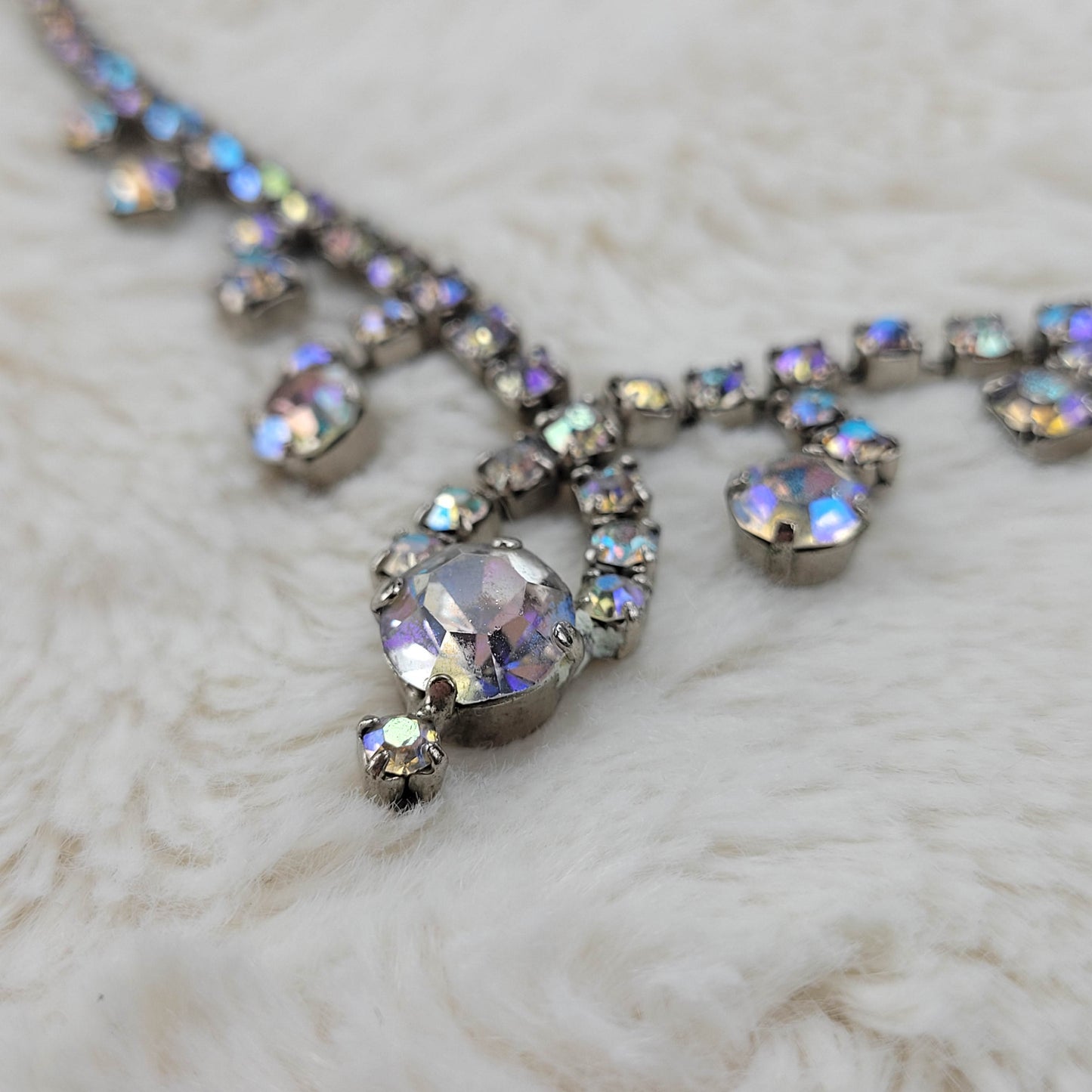 1950's Aurora Borealis Rhinestone Single Strand Necklace with Drops