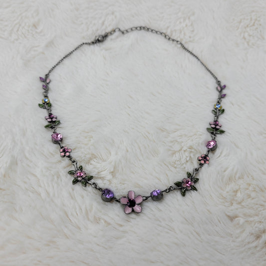 1950's Pink Enamel and Purple Rhinestone Flower Necklace