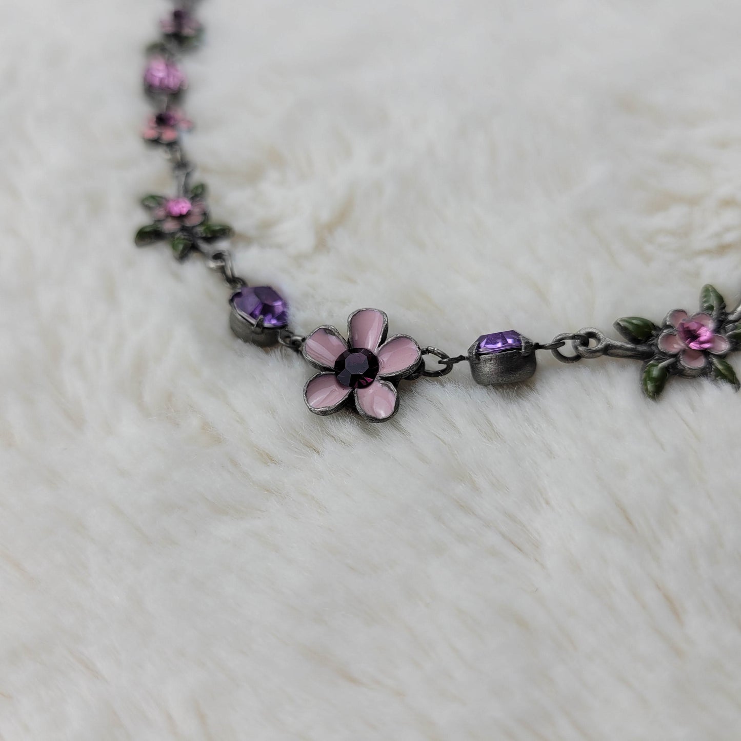 1950's Pink Enamel and Purple Rhinestone Flower Necklace