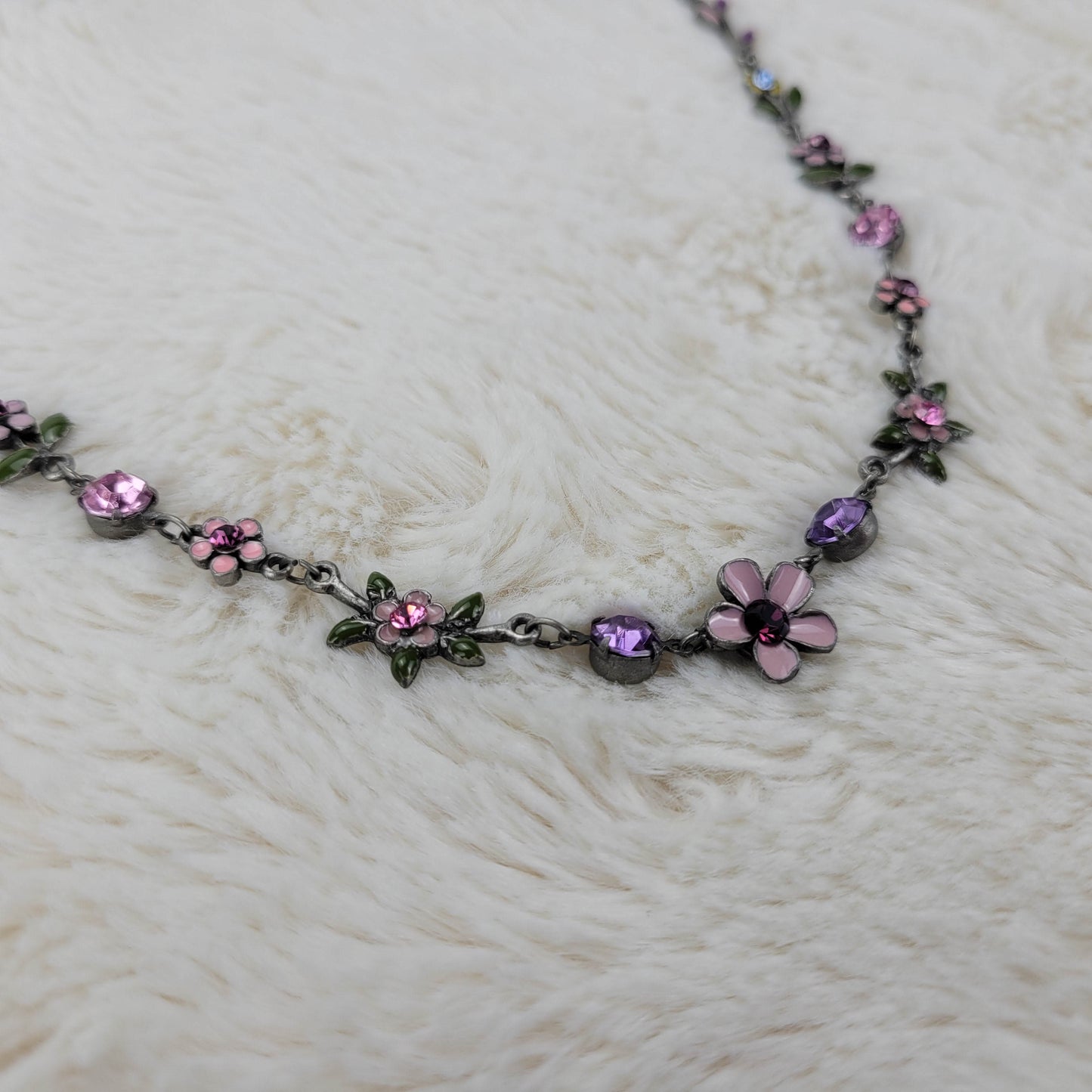 1950's Pink Enamel and Purple Rhinestone Flower Necklace