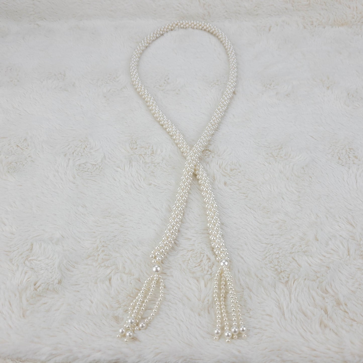 1950's White Beaded Rope Necklace with Dangle Ends