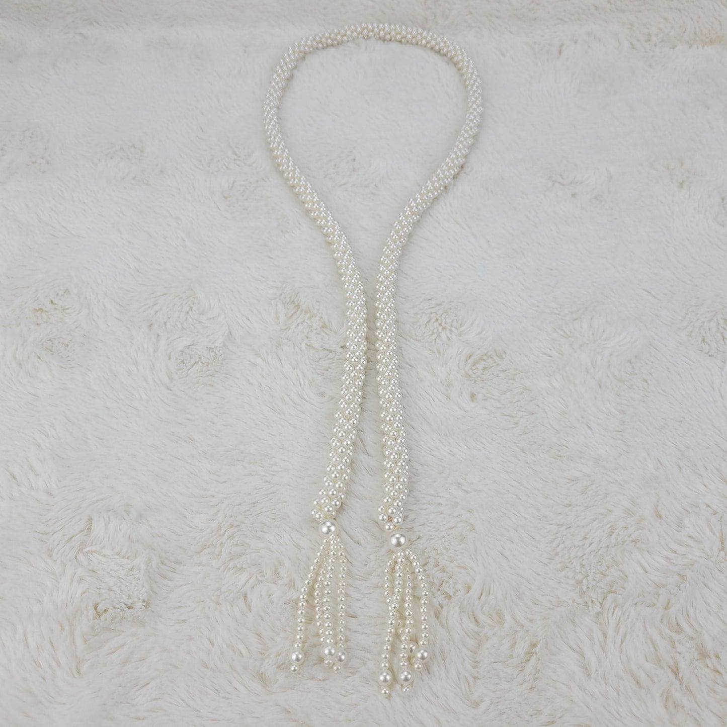 1950's White Beaded Rope Necklace with Dangle Ends