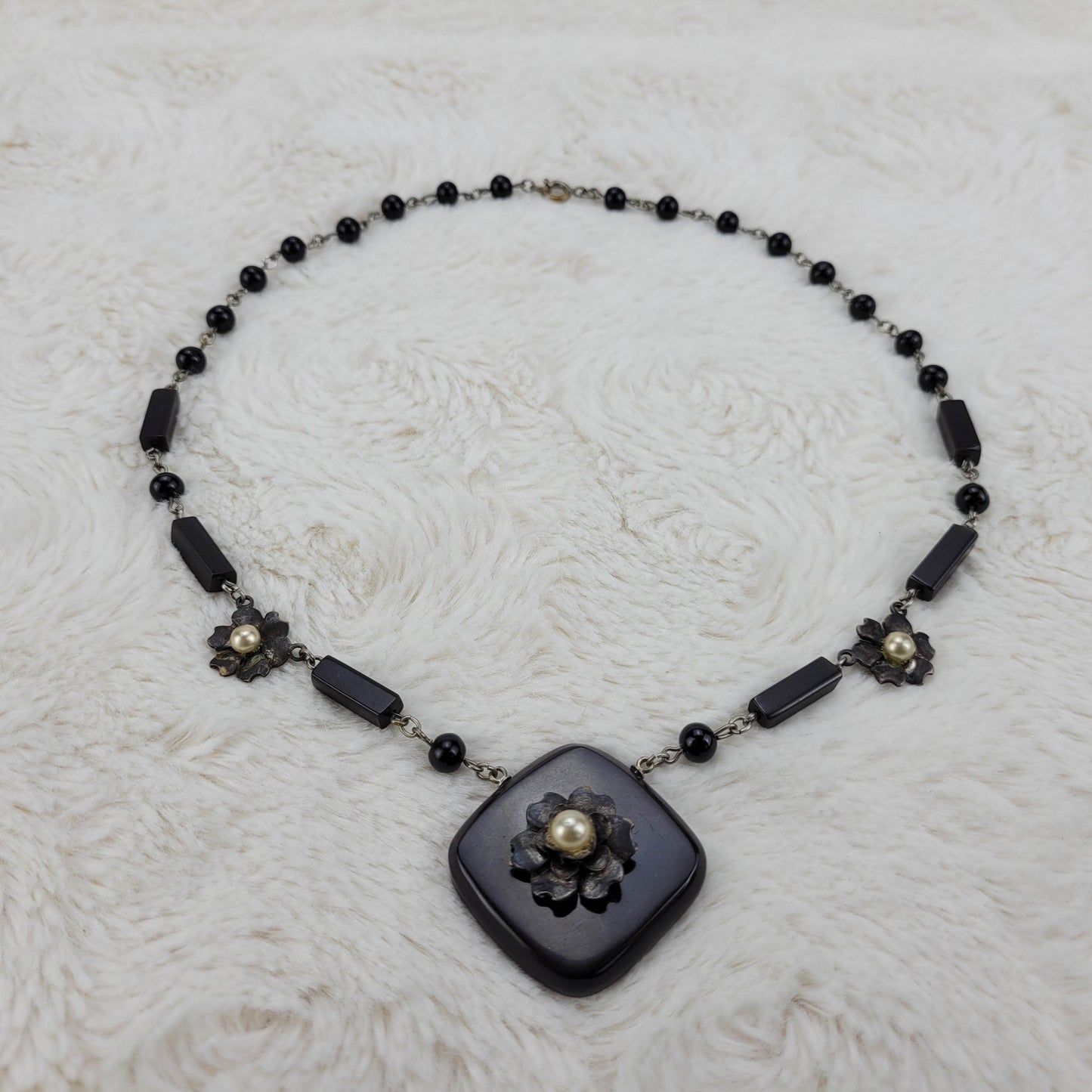 1960's Black Metal Flower Necklace with a Pearl Flower Square Pendant