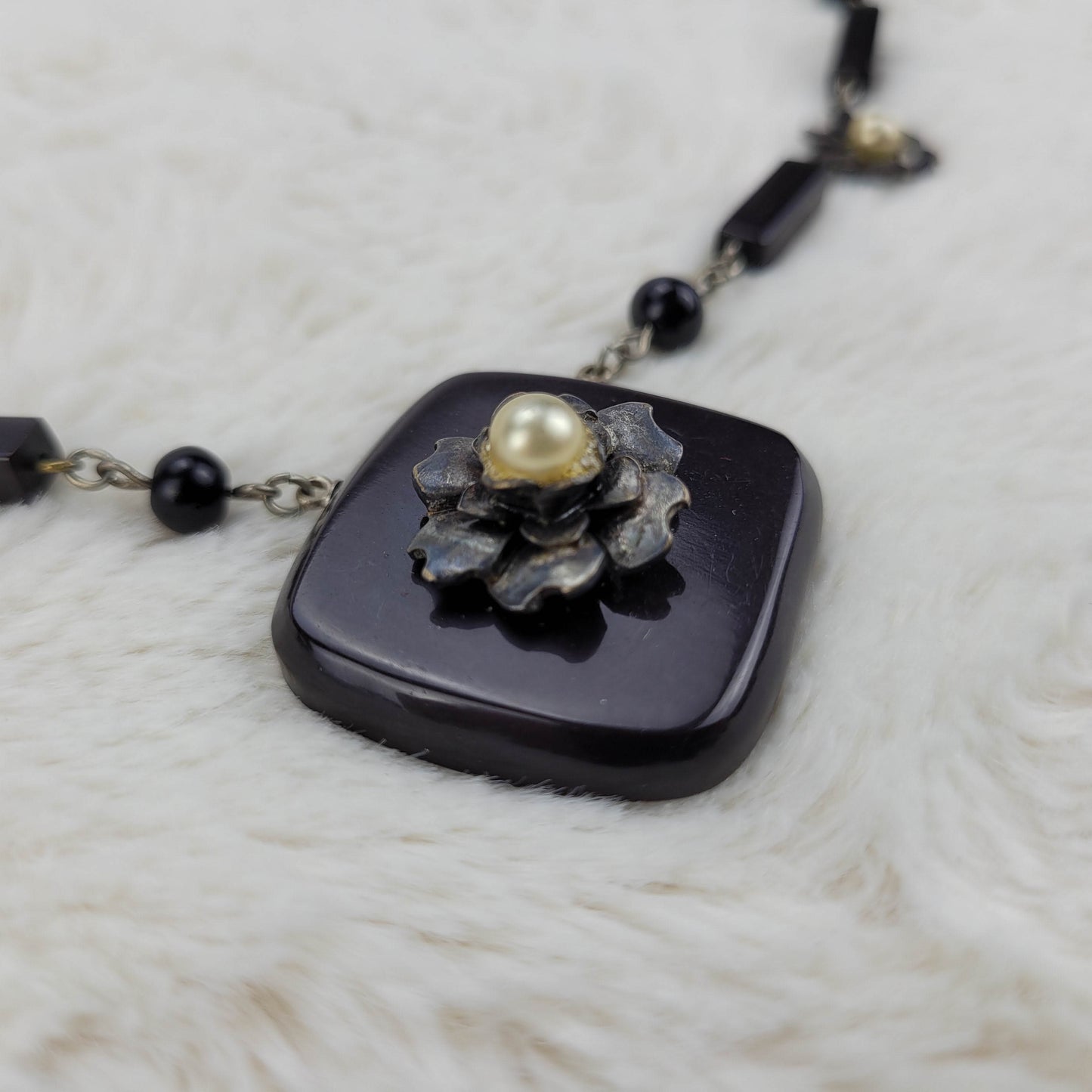 1960's Black Metal Flower Necklace with a Pearl Flower Square Pendant