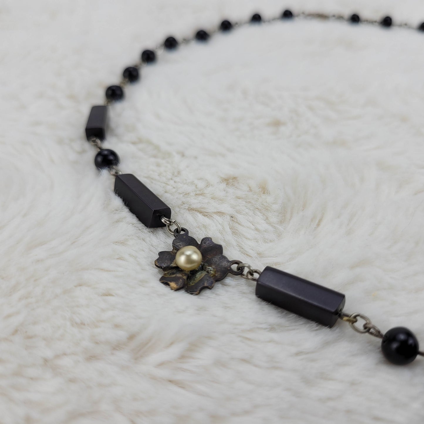 1960's Black Metal Flower Necklace with a Pearl Flower Square Pendant