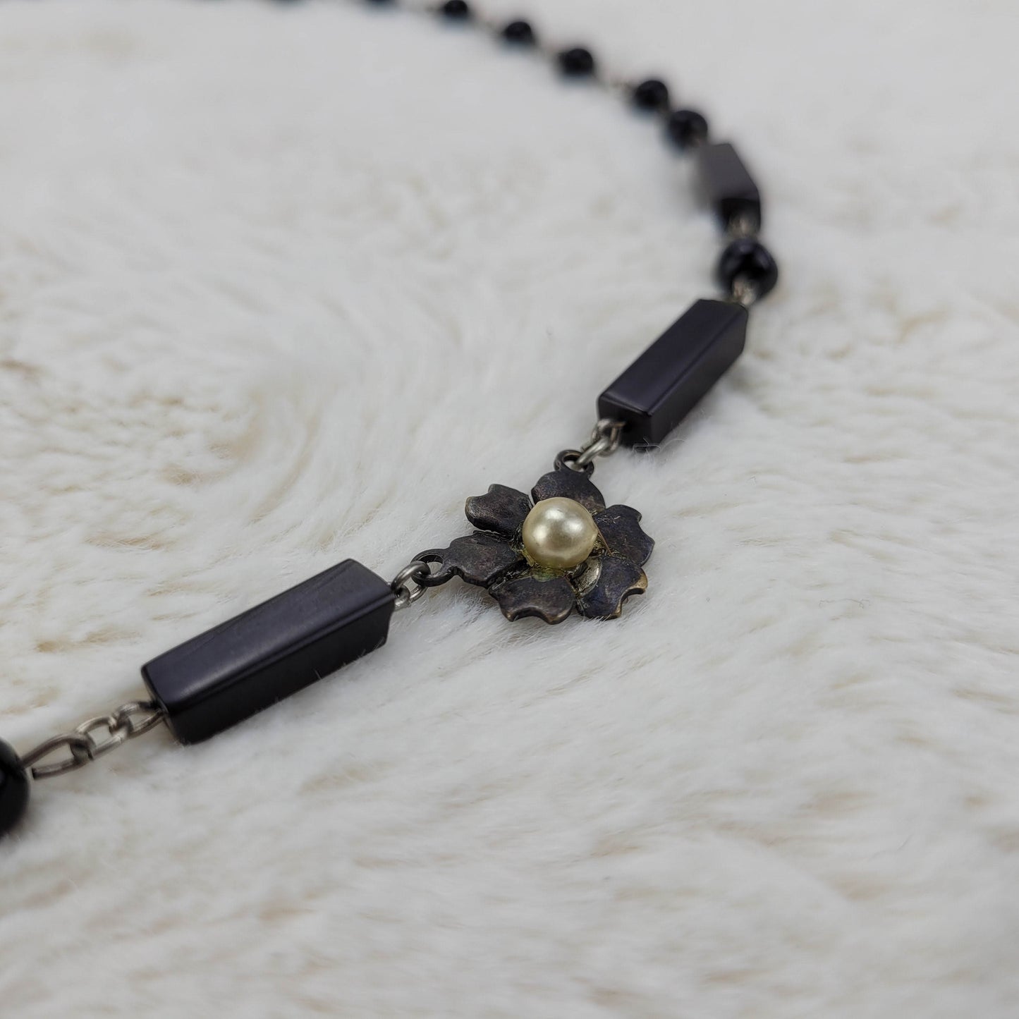 1960's Black Metal Flower Necklace with a Pearl Flower Square Pendant