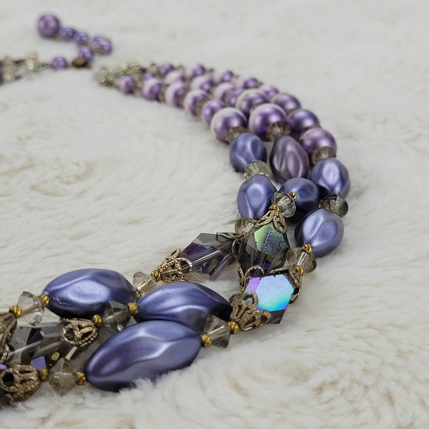 1950's Purple Aurora Borealis Triple Strand Beaded Necklace