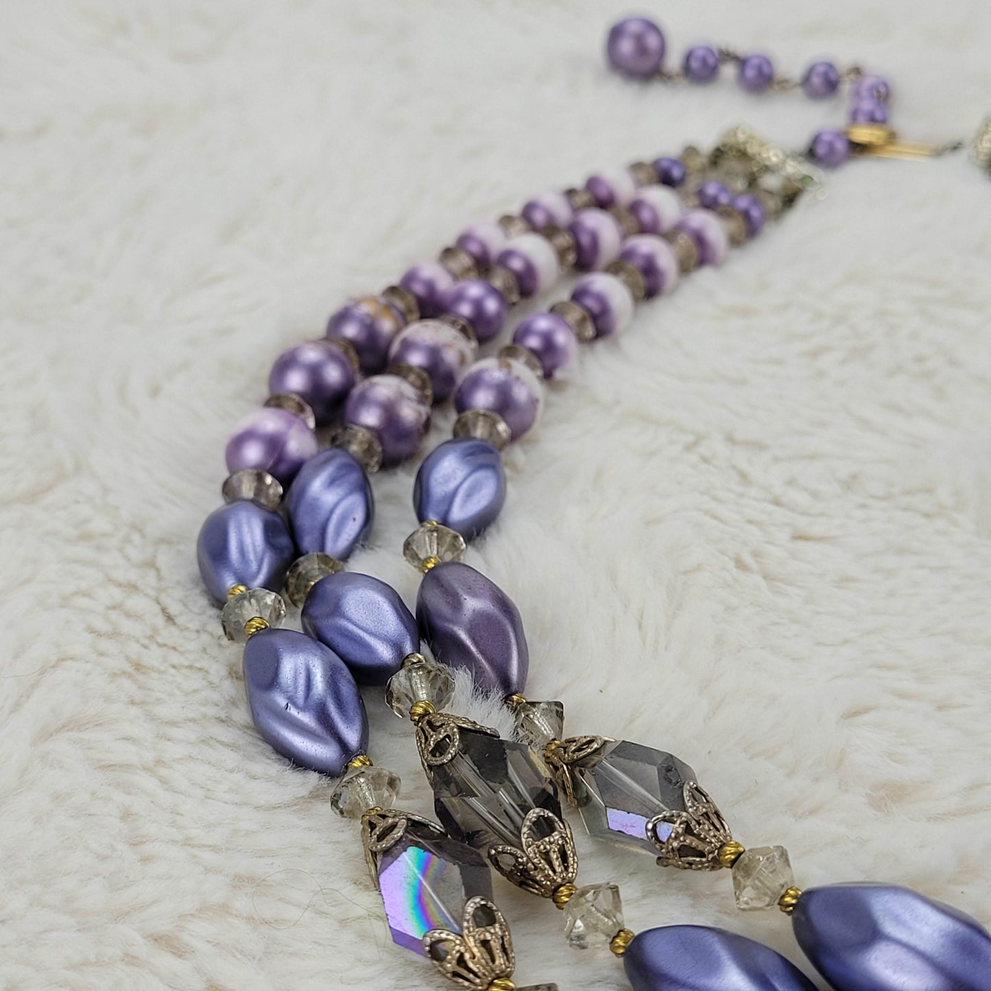 1950's Purple Aurora Borealis Triple Strand Beaded Necklace