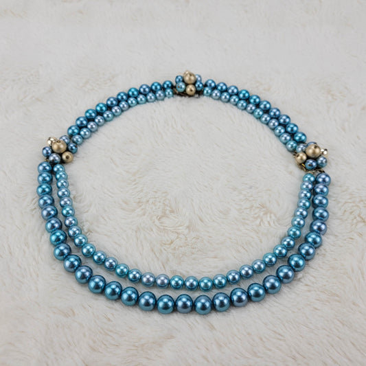 1950's Blue Bead Double Strand Necklace with Gold Filigree Clasp
