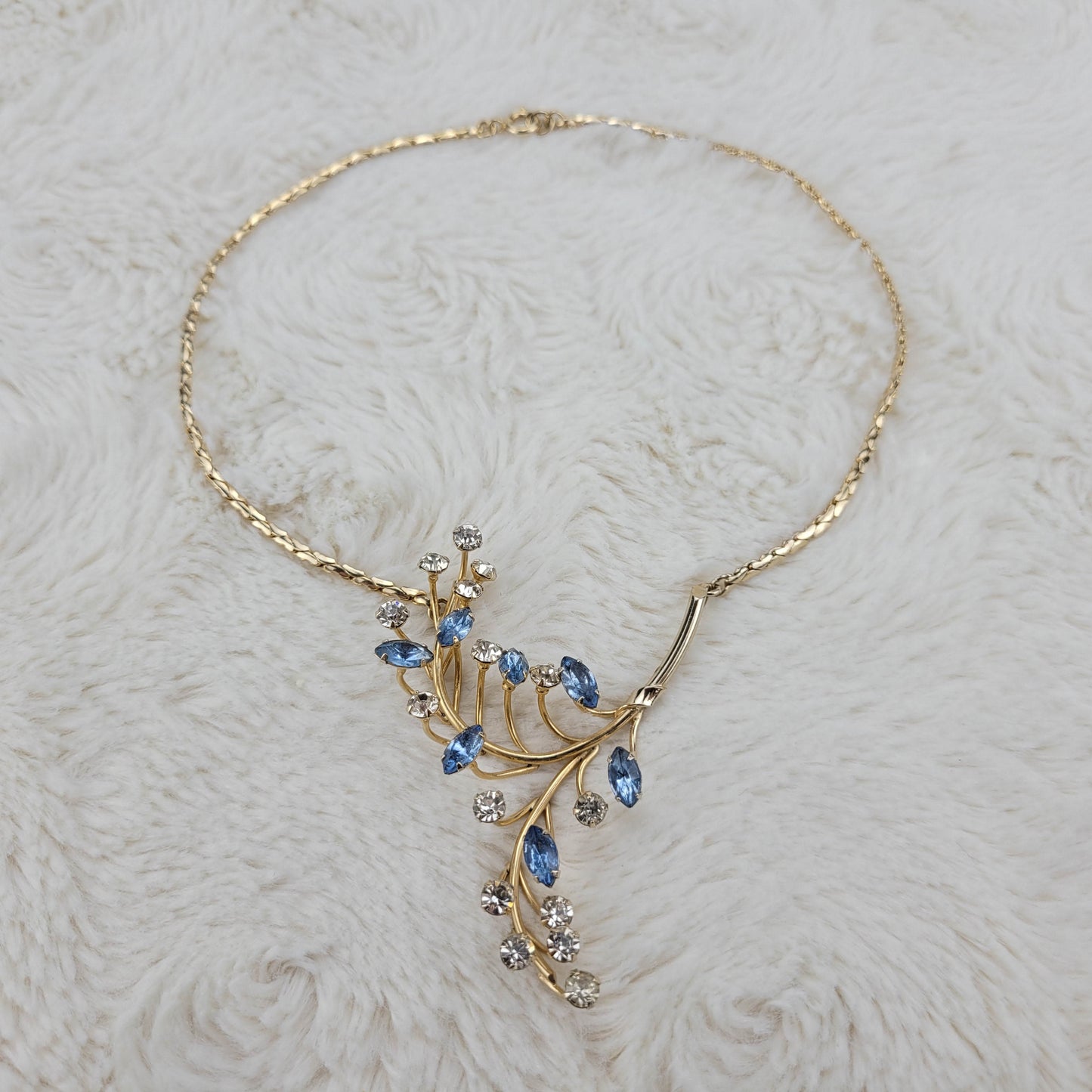 1950's Blue and Clear Rhinestone Spray Necklace