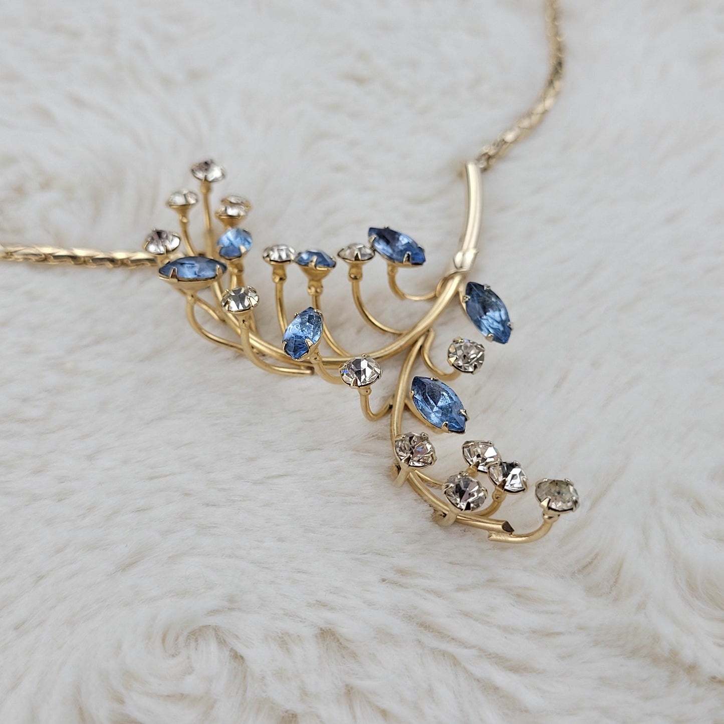 1950's Blue and Clear Rhinestone Spray Necklace