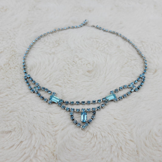 1950's Baby Blue Rhinestone V Pendant Necklace