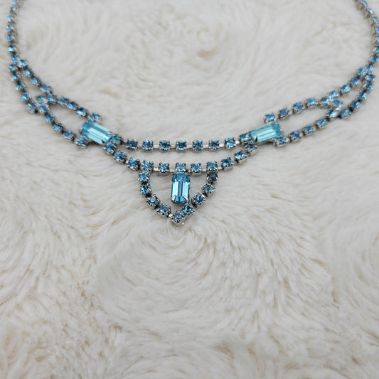1950's Baby Blue Rhinestone V Pendant Necklace