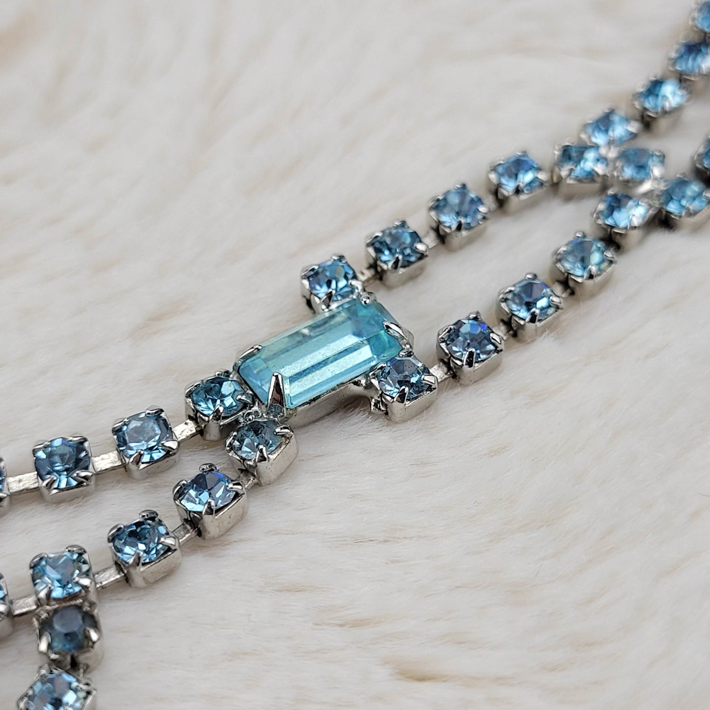 1950's Baby Blue Rhinestone V Pendant Necklace