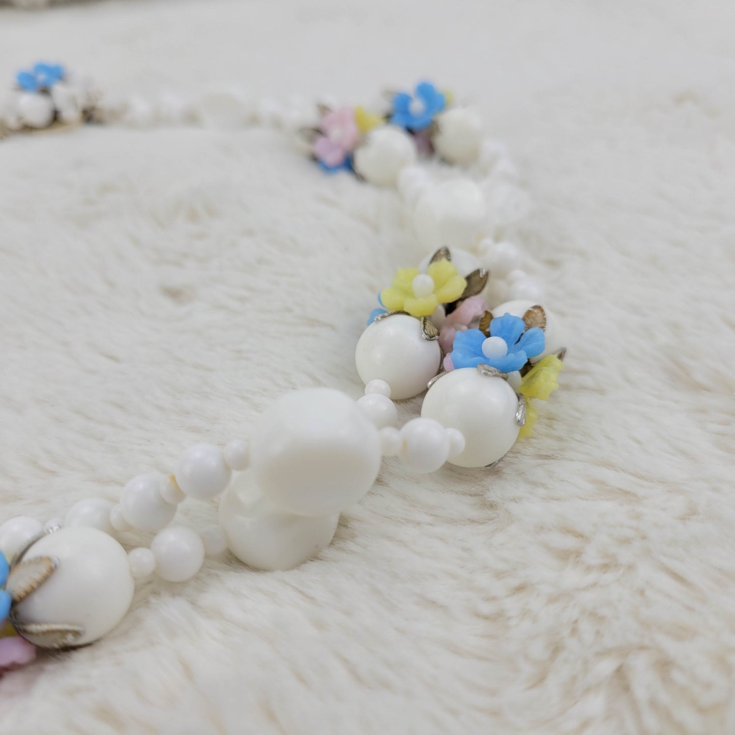 1940's White Bead and Flower Necklace from Hong Kong