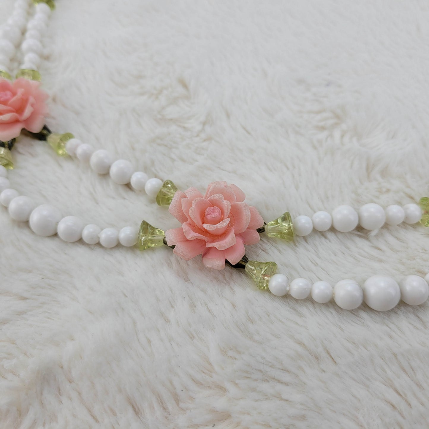 1930's White and Pink Long Flower Necklace from Germany