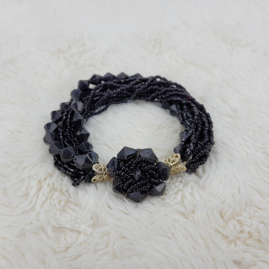 1950's Black Bead Multi-Strand Bracelet with a Center Flower