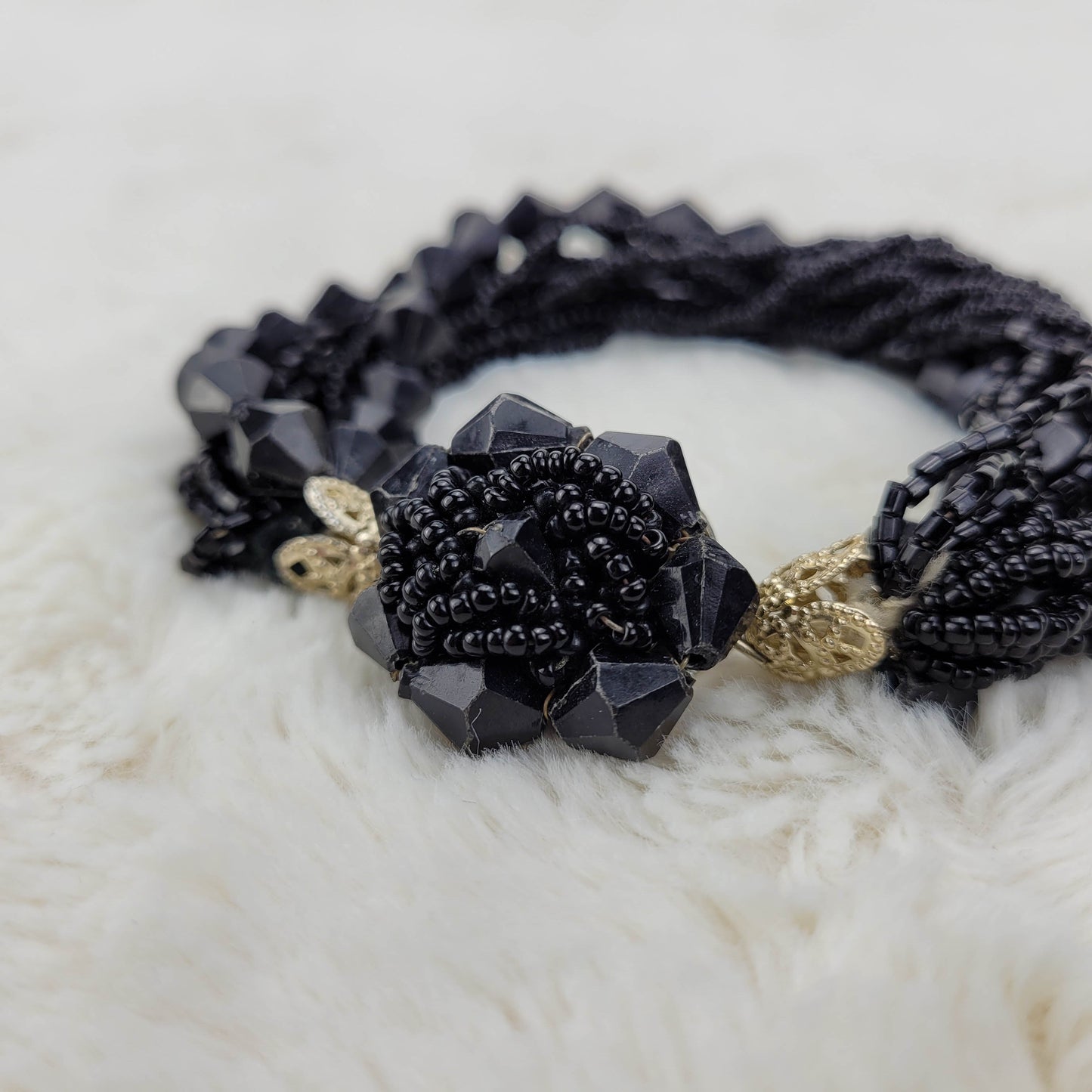 1950's Black Bead Multi-Strand Bracelet with a Center Flower