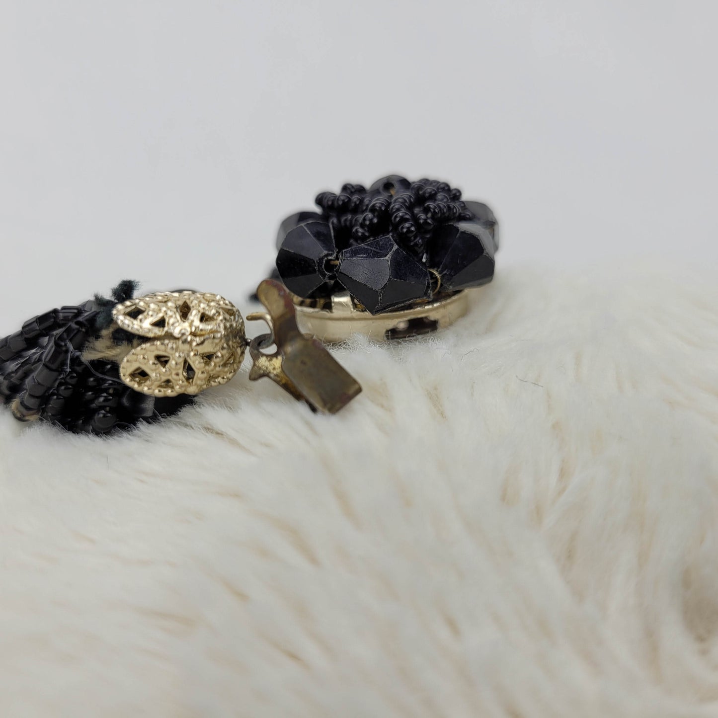 1950's Black Bead Multi-Strand Bracelet with a Center Flower