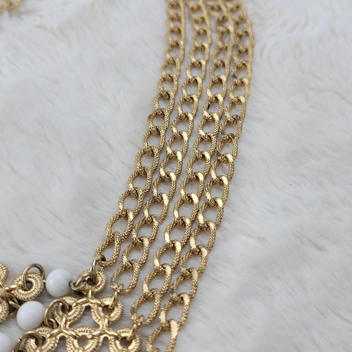 1970's Gold Tone Metal and Pearl Bead Statement Necklace