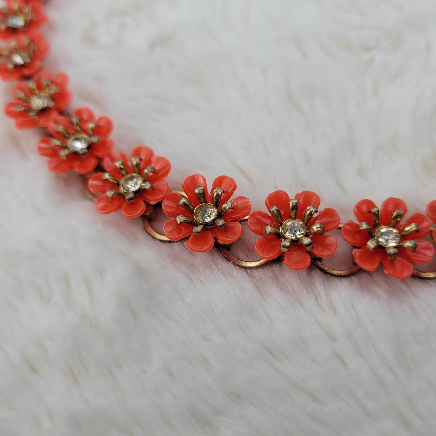 1950's Red Orange Flower Chain Necklace with Rhinestone Centers