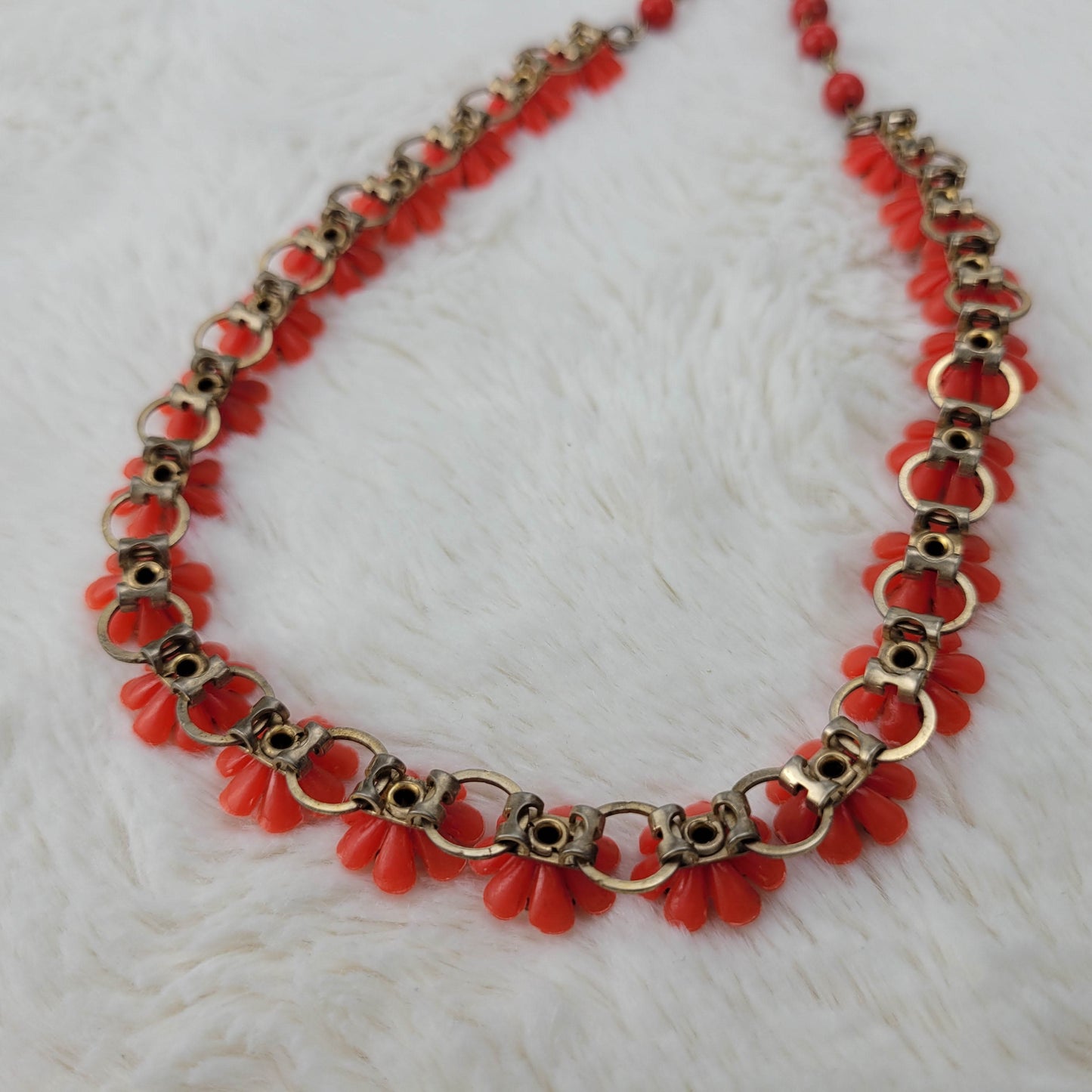 1950's Red Orange Flower Chain Necklace with Rhinestone Centers