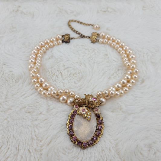 1940's Double Strand Pearl Bead Necklace with Purple Rhinestone and Flower Pendant