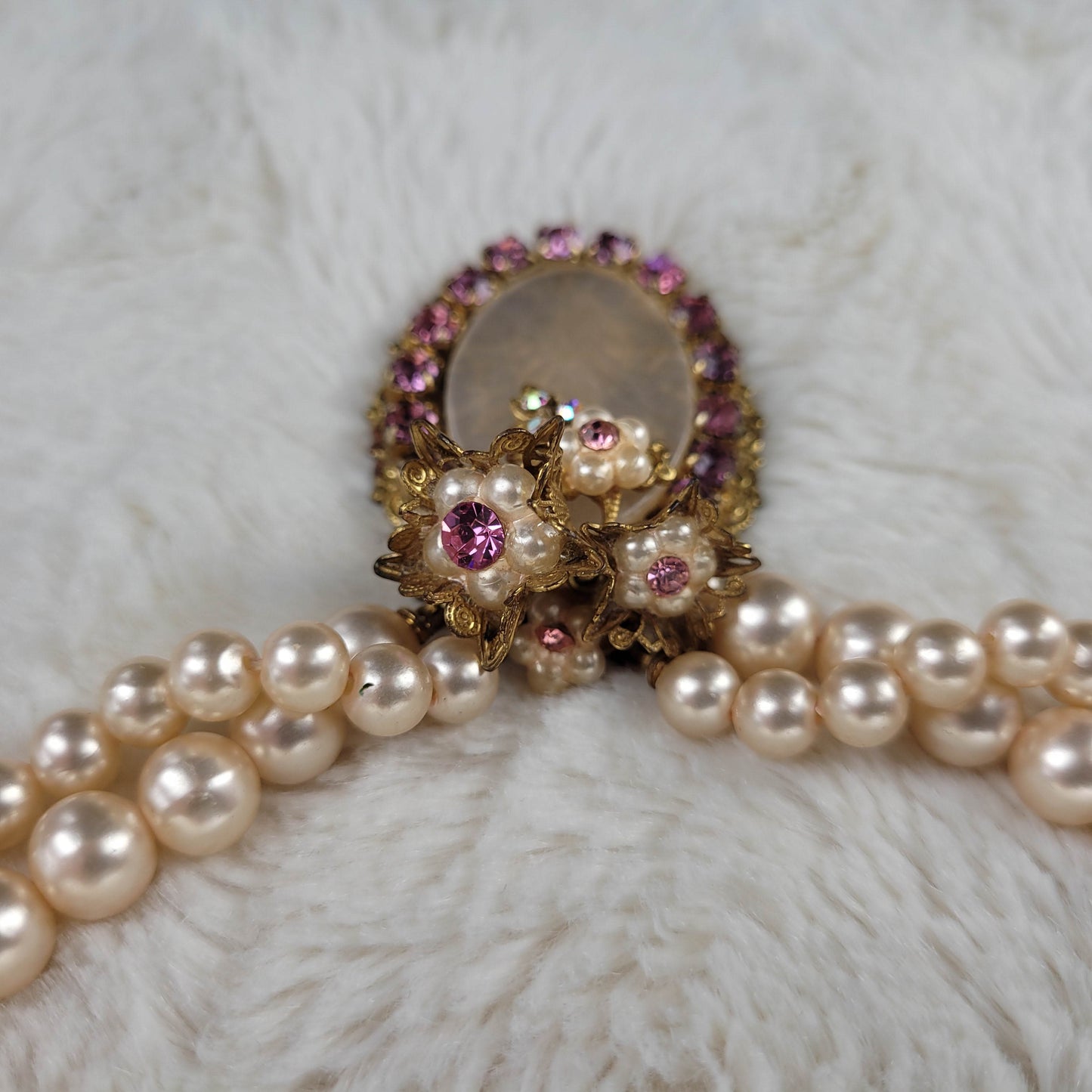 1940's Double Strand Pearl Bead Necklace with Purple Rhinestone and Flower Pendant