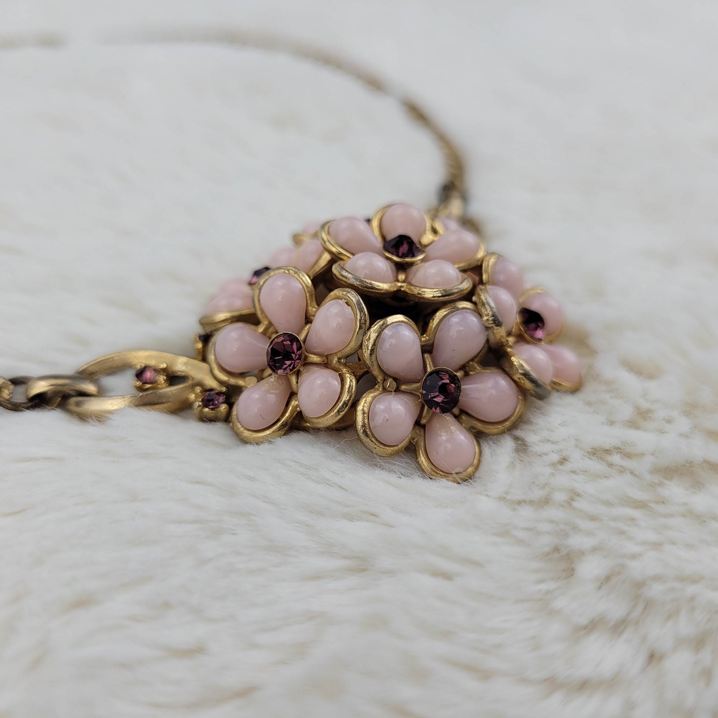 1950's Pink Bead and Gold Metal Tone Flower Necklace with Purple Rhinestone Centers