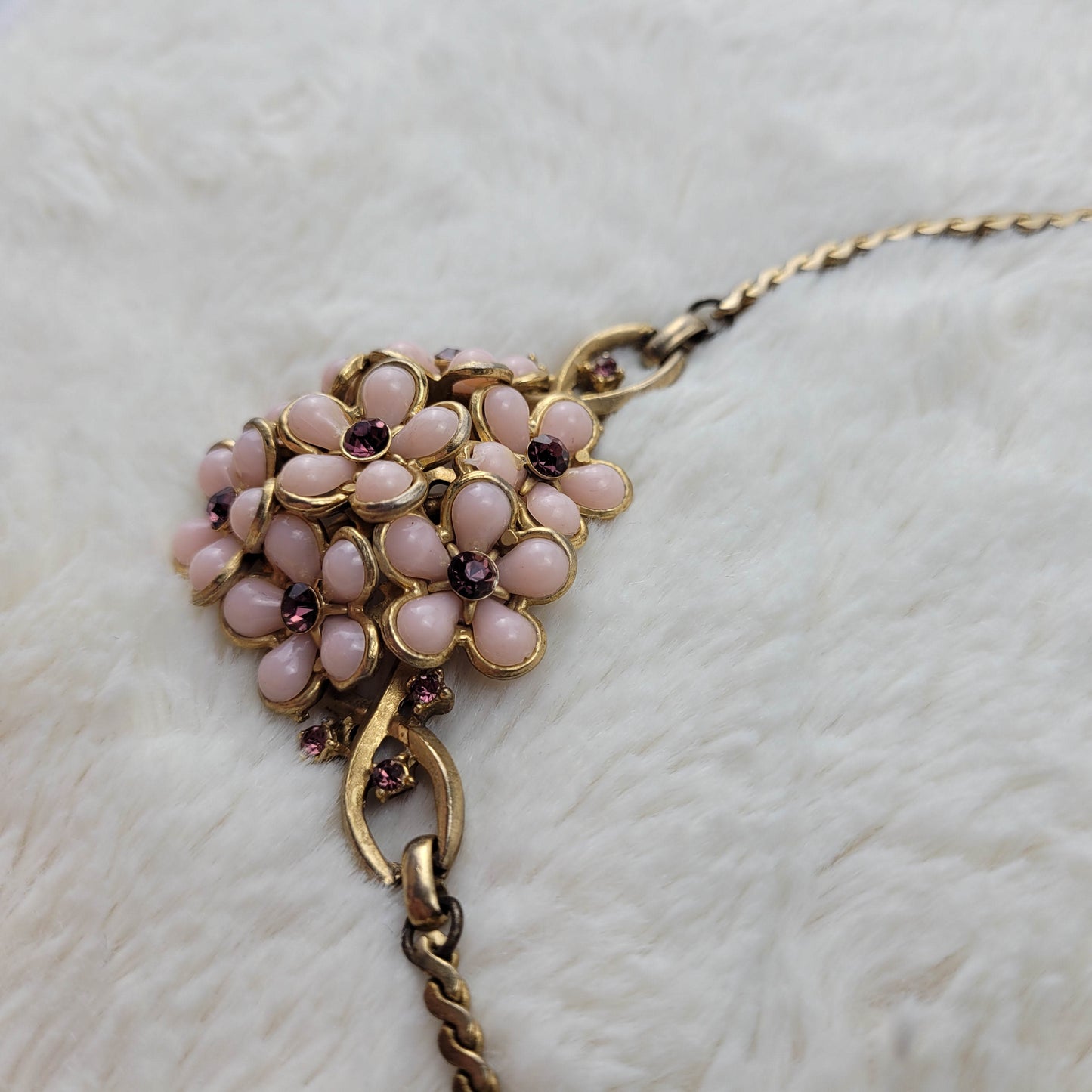 1950's Pink Bead and Gold Metal Tone Flower Necklace with Purple Rhinestone Centers