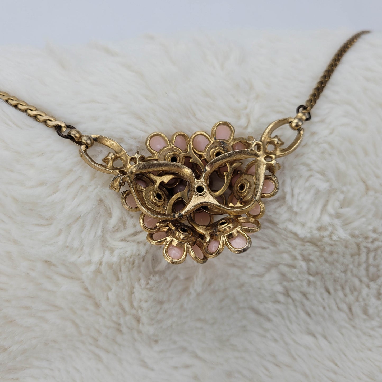 1950's Pink Bead and Gold Metal Tone Flower Necklace with Purple Rhinestone Centers