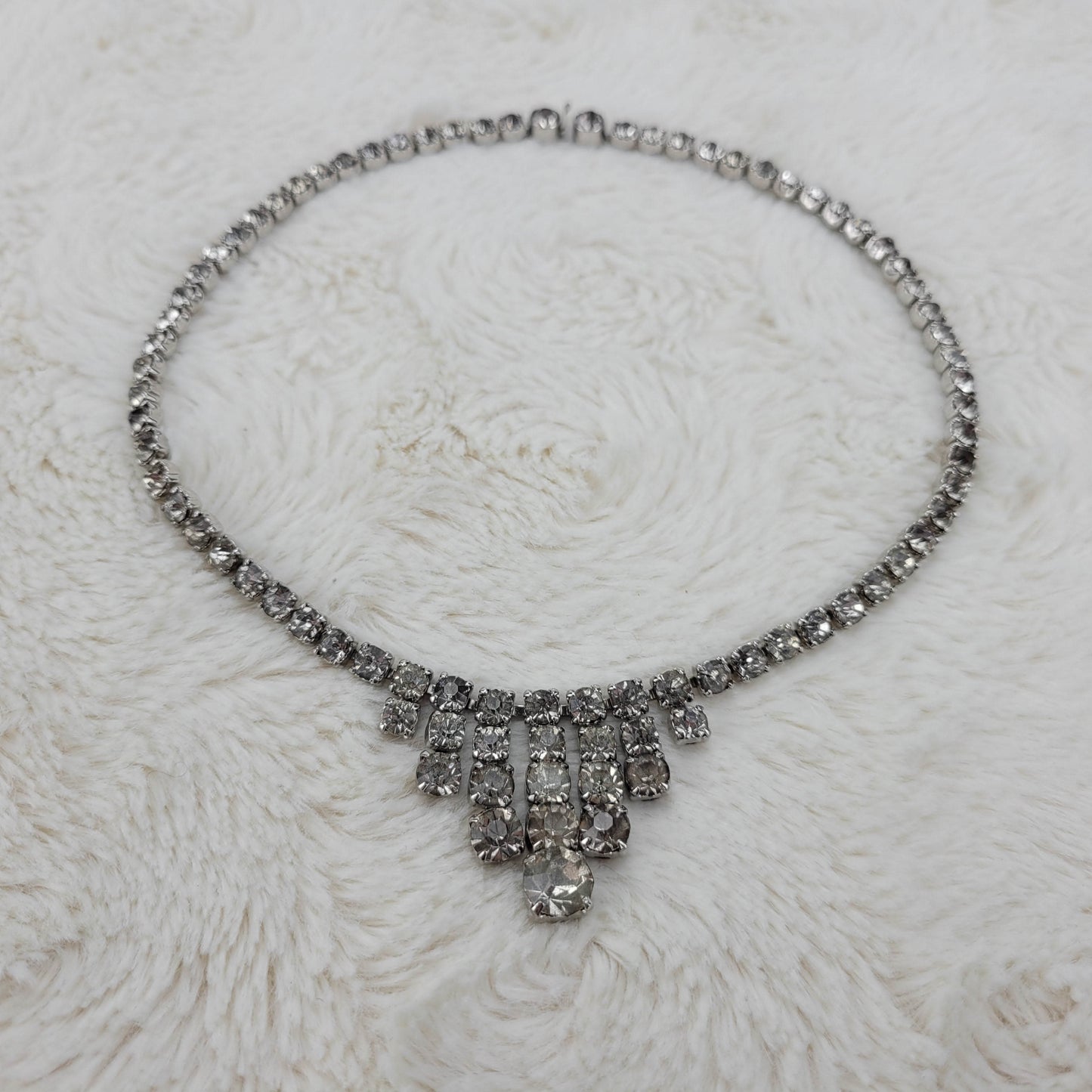 1950's Clear Rhinestone Single Row Necklace with Center Drops